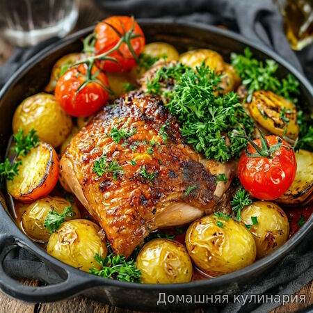 Курица, запечённая с картофелем и помидорами